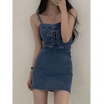 Women's Y2K Denim Mini Dress Spaghetti Strap Lace Up Front Bodycon Corset Jean Dress (Size Run Small)