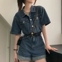 Women's Denim Romper Short Sleeve Button Down Utility Jumpsuit with Pockets Cuffed Shorts