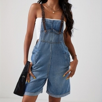 Casual Square Neck Adjustable Shoulder Strap Cuffed Denim Romper