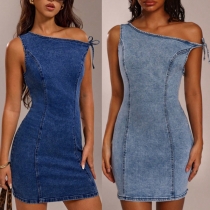 Women's Y2K Asymmetrical Slant Shoulder Denim Mini Dress Bodycon Vintage Washed Tie Strap Dress
