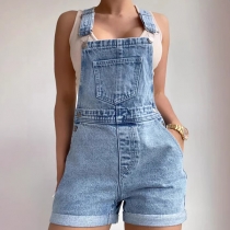 Fashion Square Neck Front Patch Pockets Cuffed Hem Old-washed Denim Romper