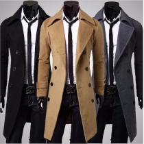 Fashion Solid Color Double-breasted Men's Woolen Coat