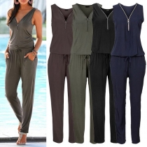 Sexy Deep V-neck Sleeveless Solid Color Slim Fit Jumpsuit
