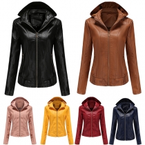 Fashion Solid Color Long Sleeve Hoodied Plush Lined Ruched Artificial Leather PU Jacket