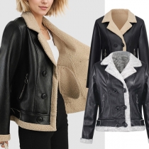 Fashion Notch Lapel Long Sleeve Double-breasted Side Zipper Pockets Plush Lined Artificial Leather PU Jacket
