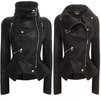 Stylish Long Sleeve Stand Collar Irregular Hem Side-zipper PU Leather Jacket