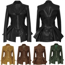 Fashion Solid Color Long Sleeve Ruffle Hem Slim Fit PU Leather Coat