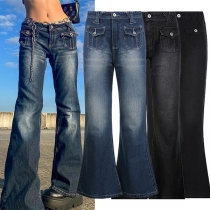 Retro Style Low-waist Front-pocket Slim Fit Flared Pants Jeans