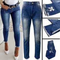 Fashion Beaded Bow-knot Spliced High Waist Slim Fit Jeans