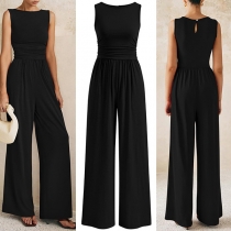 Fashion Solid Color Crew Neck Sleeveless High-rise Wide-leg Jumpsuit