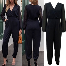 Fashion V-neck Gauze Spliced Long Sleeve High-rise Jumpsuit