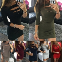Chic Style 3/4 Sleeve Round Neck Slim Fit Ripped Dress