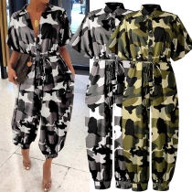Chic Style Short Sleeve POLO Collar Camouflage Printed Jumpsuit