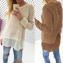 Fashion Long Sleeve Round Neck Chiffon Spliced Knit Sweater