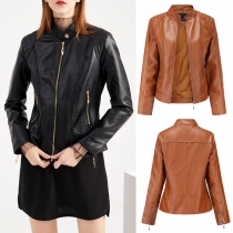 Fashion Stand Collar Long Sleeve Zipper Artificial Leather PU Jacket