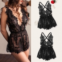 Sexy Backless V-neck Sleeveless See-through Lace Romper Lingerie