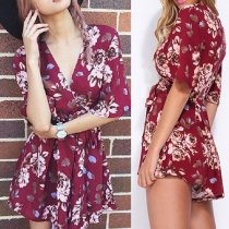 Sexy Deep V-neck Short Sleeve Gathered Waist Printed Rompers