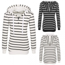 Casual Style Long Sleeve Hooded Striped Sweatshirt For Women