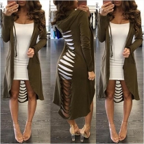 Stylish Solid Color Back Hollow Out Long Sleeve Hooded Coat