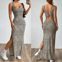 Fashion Leopard Printed Square Neck Sleeveless Backless Side Slit Dress
