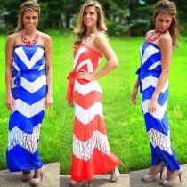 Sexy Strapless Lace Spliced Wave-stripe Maxi Dress