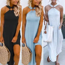 Sexy Off-shoulder Slit Hem Solid Color Halter Dress
