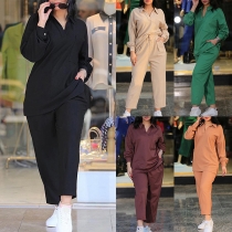 Casual Solid Color Two-piece Set Consist of V-neck Shirt and Drawstring Pants