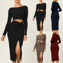 Sexy Hollow Out High Waist Slit Hem Long Sleeve Solid Color Slim Fit Dress