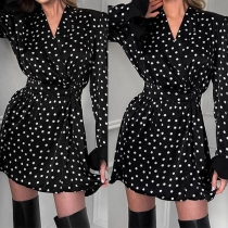 Fashion Polka-dot Printed V-neck Long Sleeve Mini Dress