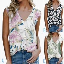 Fashion Printed Ruffled V-neck Sleeveless Shirt