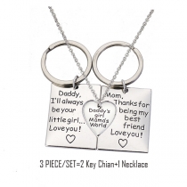 Familes Gift-Chic Style Letters  Engraved Heart Pendant Parent-child 2 Key Chains+ 1 Necklace Set
