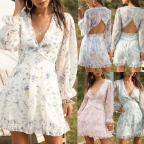 Sexy Deep V-neck Long Sleeve High Waist Printed Dress