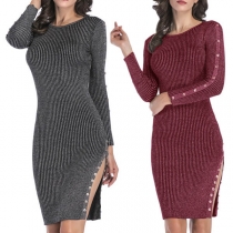 Sexy Round-neck Solid Color Long Sleeve Buttons Oblique Slit Knotted Dress
