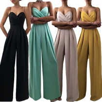 Sexy Backless V-neck High Waist Wide-leg Sling Jumpsuit
