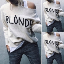 Sexy Oblique Shoulder Long Sleeve Letters Printed T-shirt 