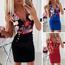 Sexy Deep V-neck Sleeveless Slim Fit Printed Dress