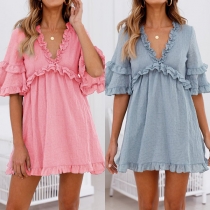 Sexy V-neck High Waist Floral Trim Short Sleeve Dress 