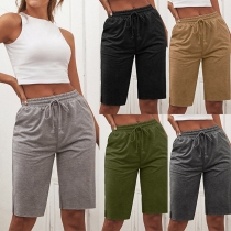 Casual Style Solid Color Elastic Waist Knee-length Shorts