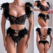 Sexy Floral Embroidery Lace-up Three-piece Lingerie Set
