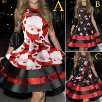 Cute Santa Claus Printed Sleeveless Round Neck Gauze Spliced Dress