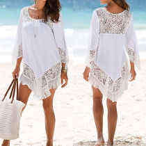 Fashion Sexy Solid Color Lace Spliced Tassel Long Sleeve Suncreen Dress 