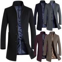 Fashion Solid Color Long Sleeve Stand Collar Men's Woolen Coat