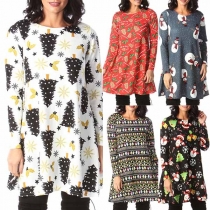 Fashion Colorful Printed Long Sleeve Round Neck Dress