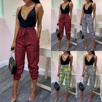 Fashion High Waist Self-tie Slim-Leg Plaid Pants