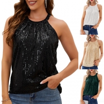 Fashion Sequin Halter Neck Sleeveless Shirt