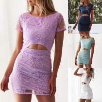 Sexy Backless Short Sleeve Crop Top + Skirt Two-piece Set 