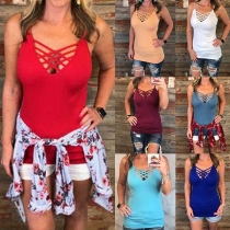 Sexy Hollow Out Crossover V-neck Solid Color Sling Top