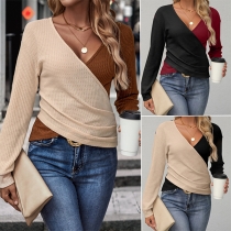 Fashion Cross Contrast Color V-neck Long Sleeve Shirt