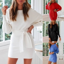 Sexy One Shoulder Cut-out Round Neck Solid Color Dress