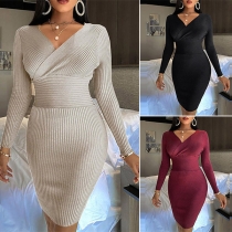 Sexy V-neck Long Sleeve Solid Color Slim Fit Knit Dress